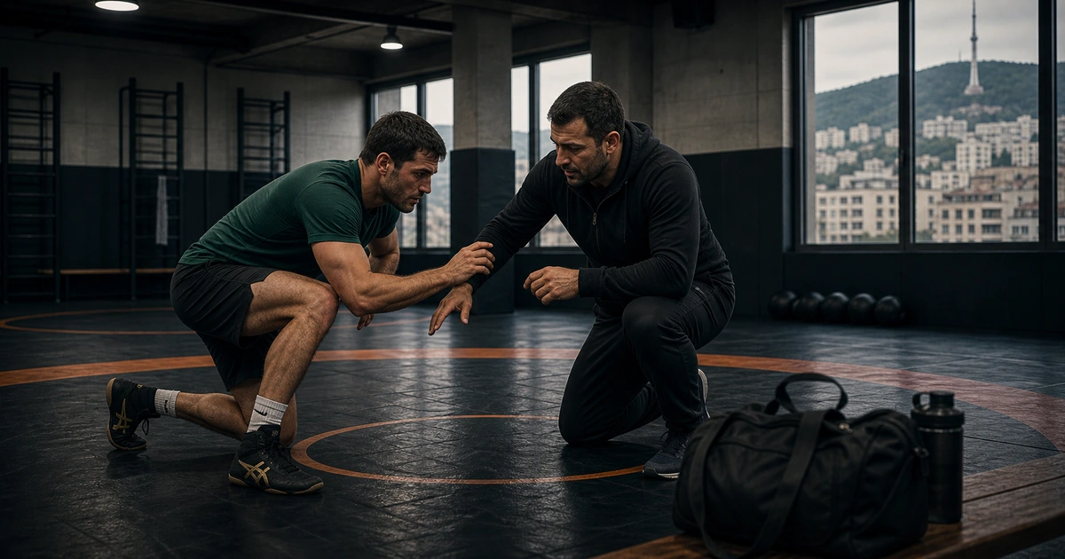 cinematic wrestling camp scene in Georgia showing who should choose 7 days