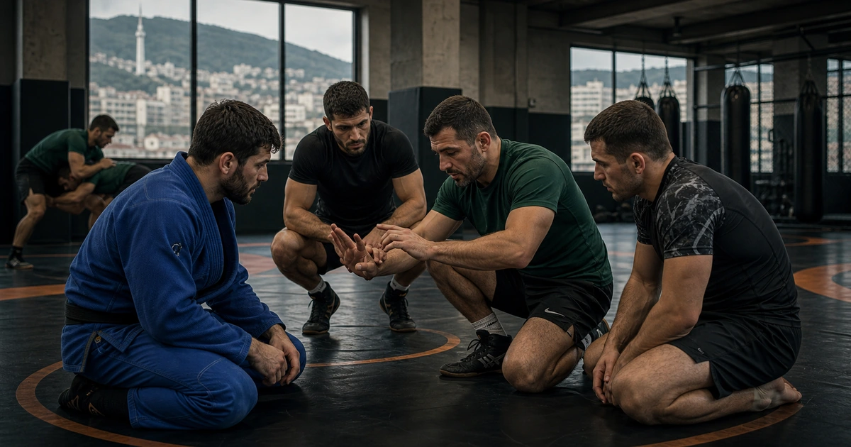 cinematic wrestling camp scene in Georgia showing choose georgia for grappling pressure
