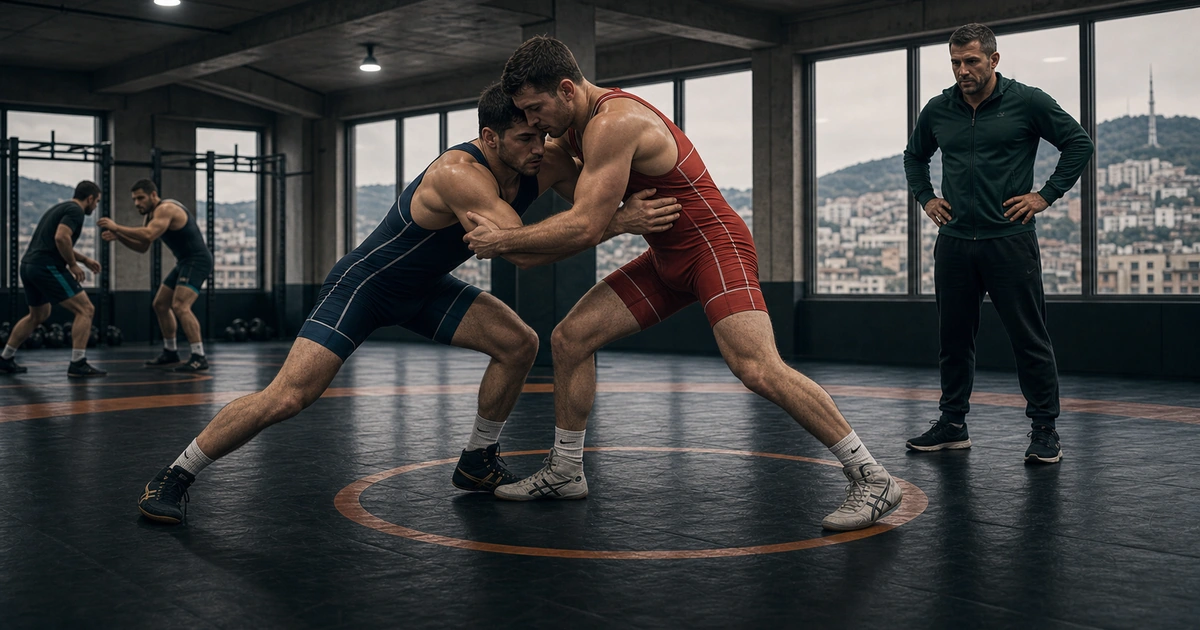 Generated editorial illustration for Greco-Roman Wrestling Camp in Georgia: Pummeling, Throws and Upper-Body Control in Tbilisi, Georgia