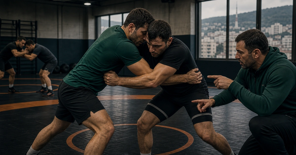 cinematic wrestling camp scene in Georgia showing the upper-body focus
