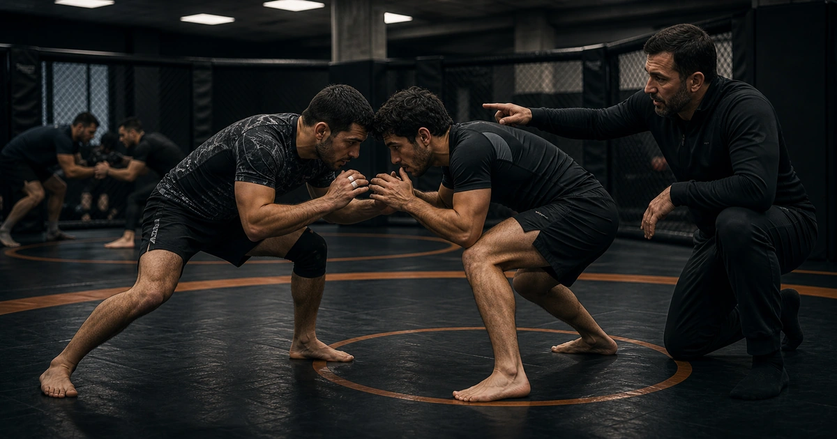cinematic wrestling camp scene in Georgia showing what a takedown camp should fix