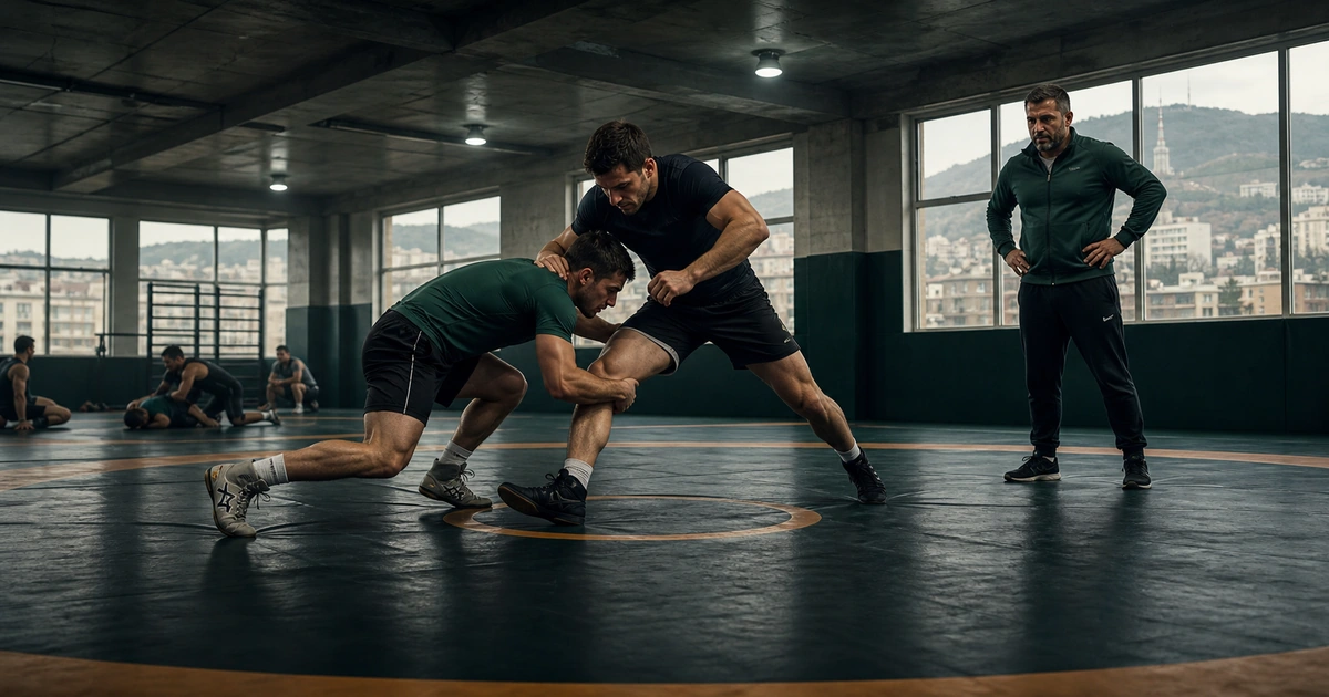 Generated editorial illustration for Train Wrestling in Georgia: Chidaoba, Tbilisi and Takedowns in Tbilisi, Georgia