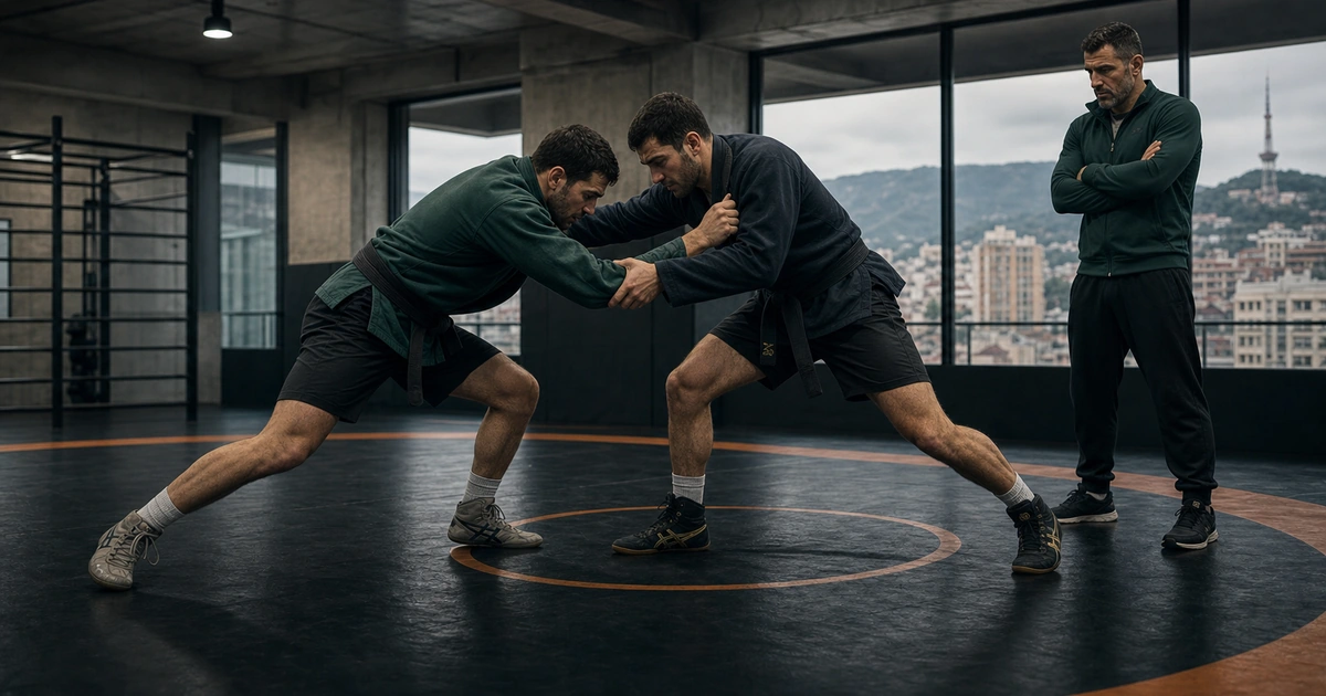 Generated editorial illustration for What Is Chidaoba? Georgia’s Traditional Wrestling Style in Tbilisi, Georgia