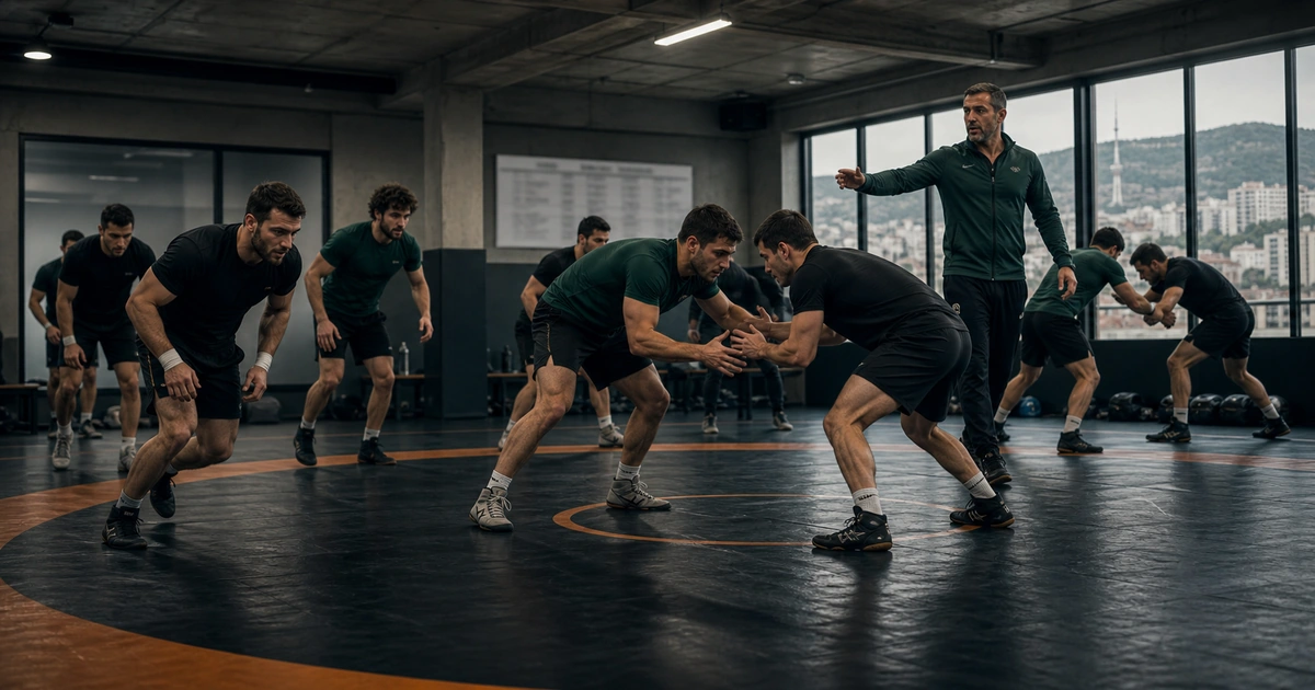cinematic wrestling camp scene in Georgia showing dates and module length